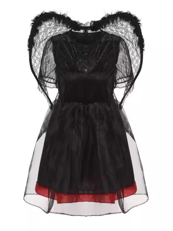 Angel & Devil Halloween Costume Heart Cutout Mesh Short Sleeve Tulle Mini Dress